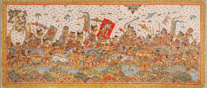 Неизвестный художник. Сцена битвы на Курукшетре. Индонезия, о. Бали, с. Камасан. 1980-е гг. Хб ткань, клеевые краски, лощение