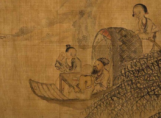 Неизвестный художник  «Чаепитие в лодке». Китай, XIX век. Шелк, тушь, водяные краски.